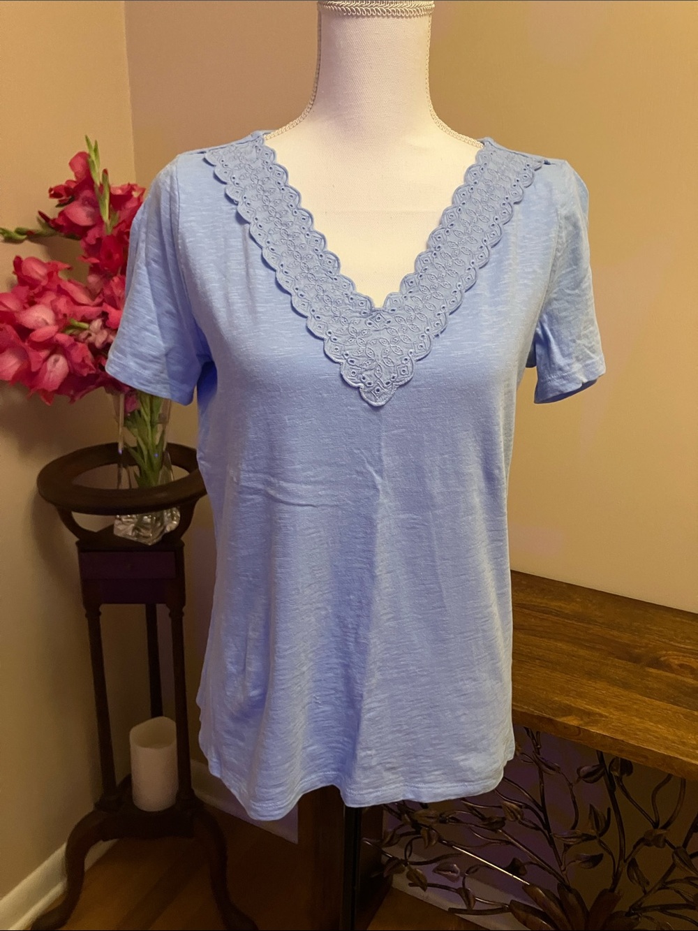 Talbots Light Blue V-Neck Short Sleeve Top with Lace Trim